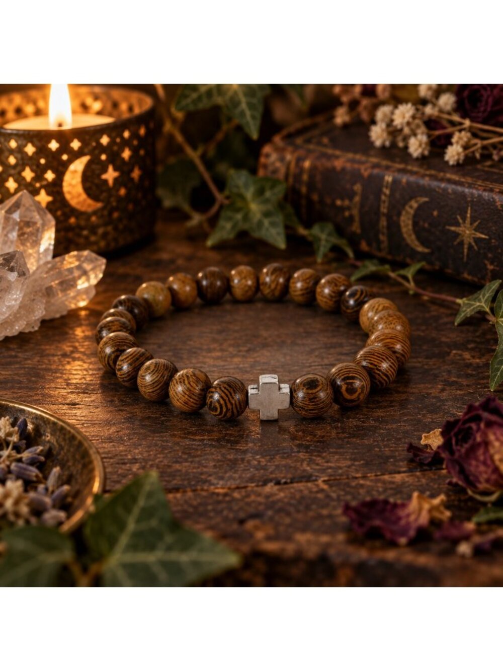 Natural Wood Bead Faith Stretch Bracelet Silver Cross Accent